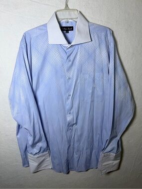 Fortino Landi Mens Dress Shirt 17-17.5 36/37 XL Blue Contrast White Collar Cuffs